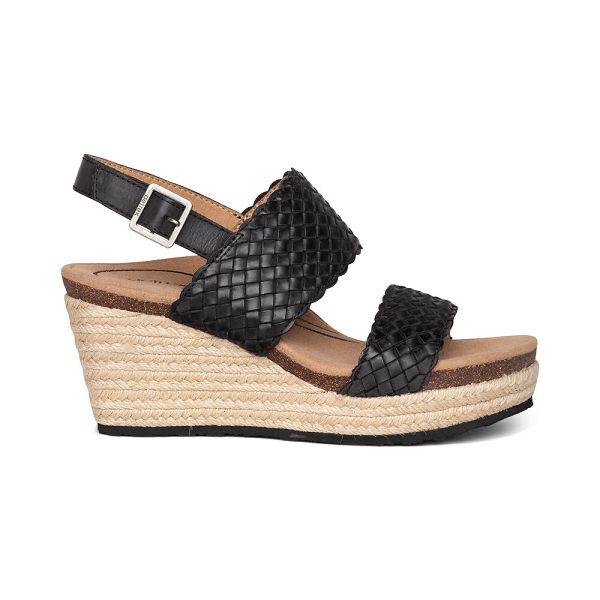 Aetrex Women's Summer Woven Quarter Strap Wedge Sandals - Black | USA YXVU95D